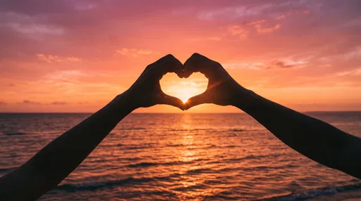 Silhouetted Hands Forming Heart at Sunset