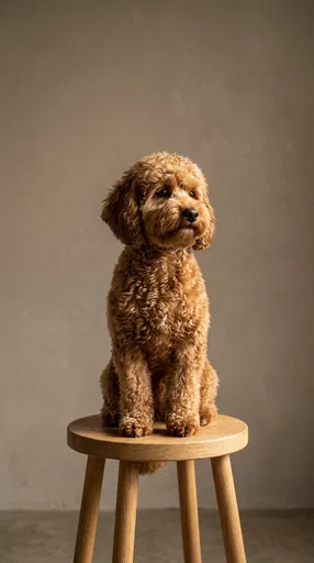 Caramel Mini Goldendoodle on Wooden Stool