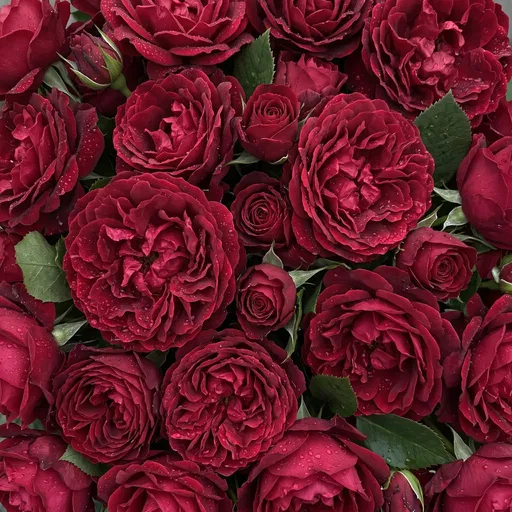Deep Red Garden Roses With Water Droplets