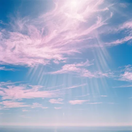 Pastel Pink Clouds and Sunbeams Over Horizon