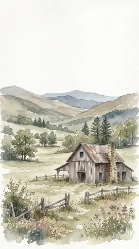 Watercolor Barn in Mountain Valley