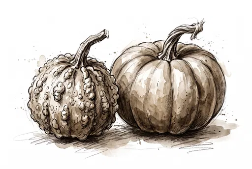 Sepia Watercolor Pumpkin and Gourd Sketch