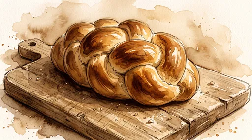 Sepia Watercolor Illustration of Braided Challah Bread