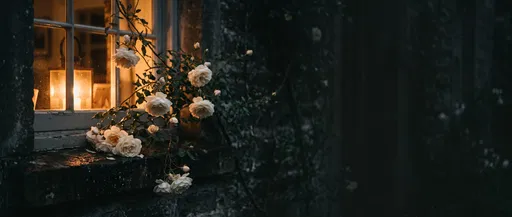 White Roses Outside Glowing Night Window