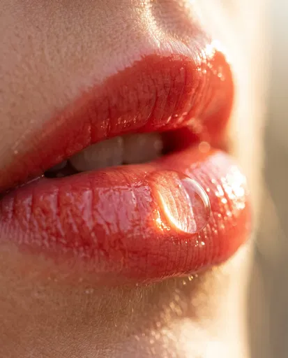 Macro Close-Up of Glossy Coral Lips