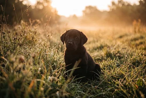 Black Labrador Puppy in Morning Grass