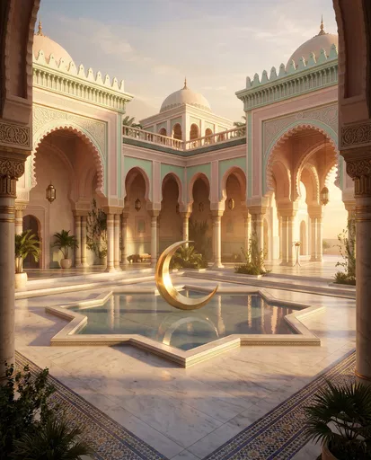 Pastel Islamic Courtyard with Gold Crescent