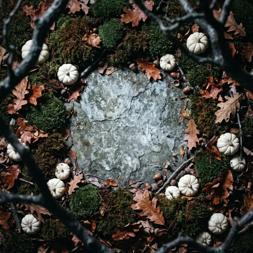 Autumn Stone Frame with Moss and Gourds