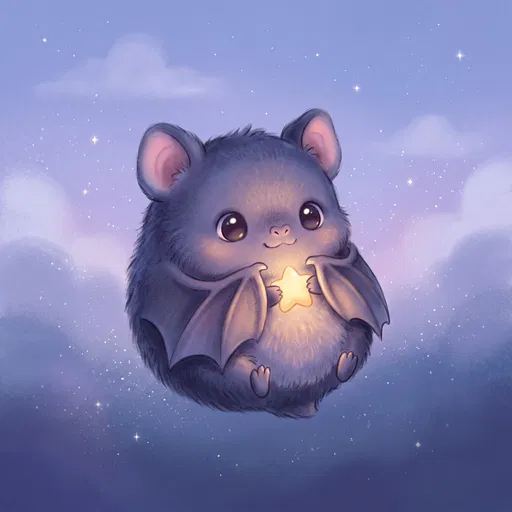 Cute Fluffy Bat Holding Glowing Star