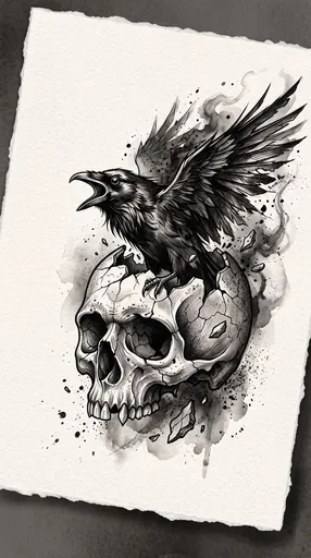 Raven Emerging From Cracked Skull Illustration