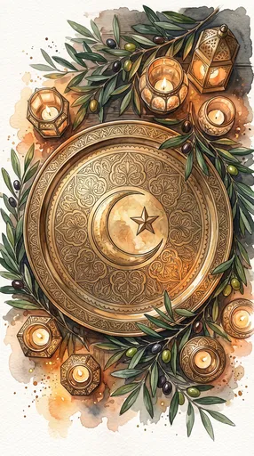 Watercolor Brass Tray With Crescent And Lanterns