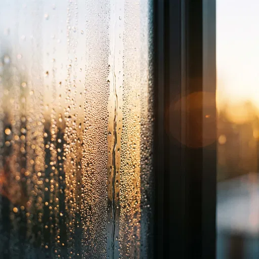 Condensation Droplets on Window at Sunset