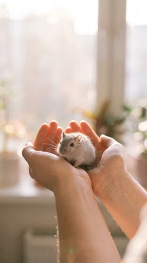 Gray Gerbil Held in Cupped Hands