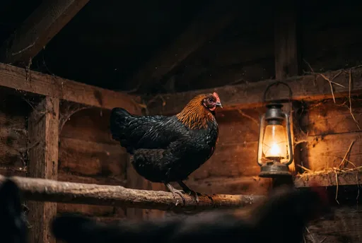 Hen Roosting in Lantern-Lit Coop