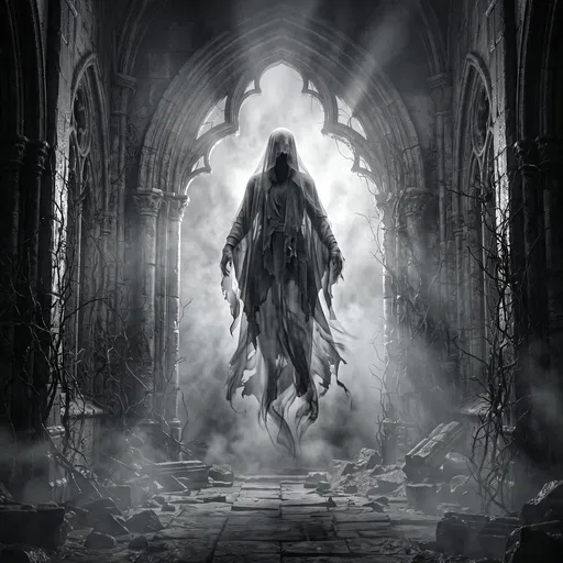Spectral Ghost Floating in Gothic Archway