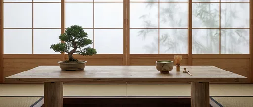 Bonsai and Matcha on Wooden Table