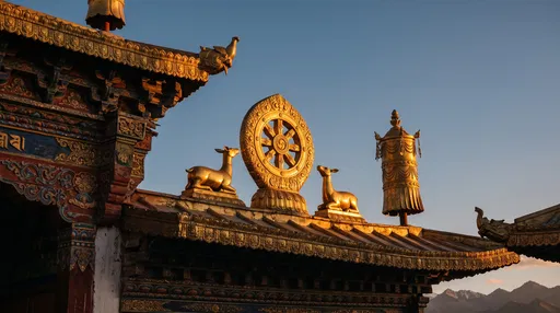 Golden Dharma Wheel on Monastery Rooftop
