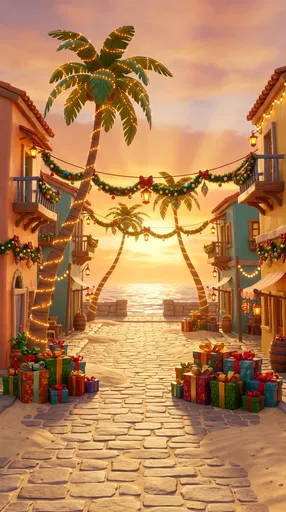 Tropical Christmas Coastal Street at Sunset
