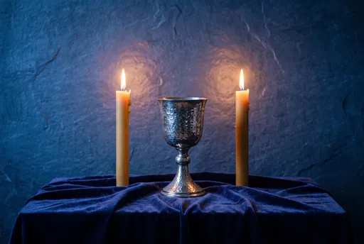 Silver Chalice Between Lit Altar Candles