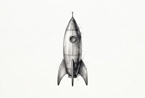 Monochrome Watercolor Retro Rocket Ship Illustration