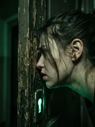 Woman at Door with Glowing Keyhole