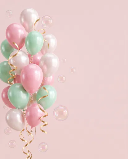 Pastel Balloons and Bubbles on Pink Background