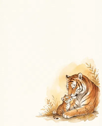 Watercolor Mother Tiger and Cub Illustration