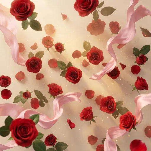 Floating Red Roses and Pink Silk Ribbons