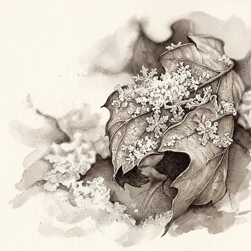 Ink and Wash Drawing of Snowy Leaf