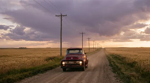 Vintage Red Truck on Prairie Road