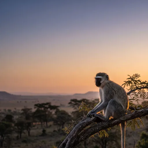Vervet Monkey on Branch at Sunset