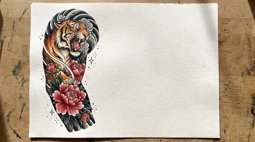 Tiger and Peony Tattoo Flash Sheet