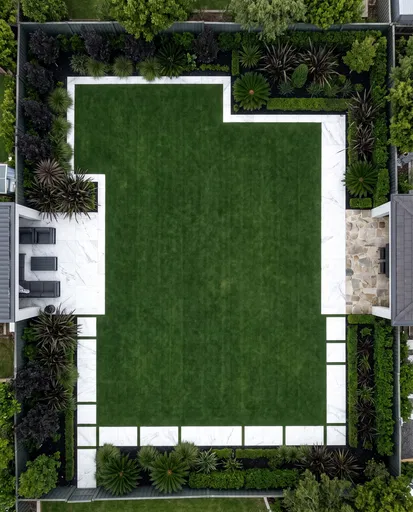 Overhead View of Contemporary Backyard Lawn