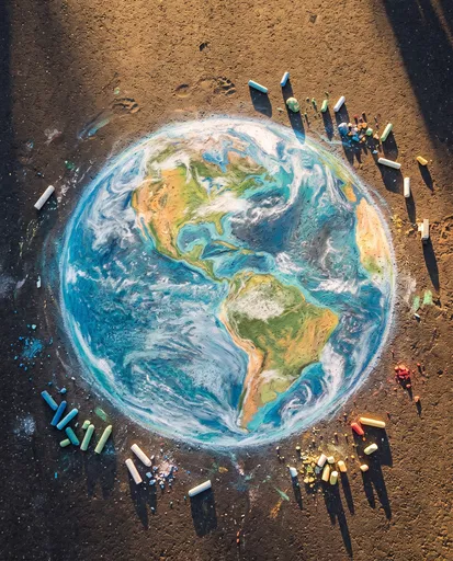 Sidewalk Chalk Drawing of Planet Earth