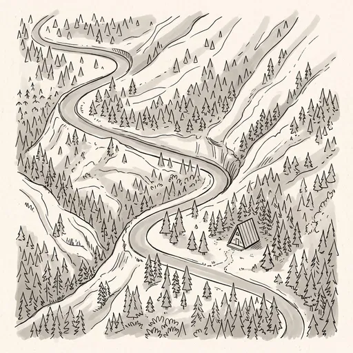 Winding Mountain Road and Cabin Sketch