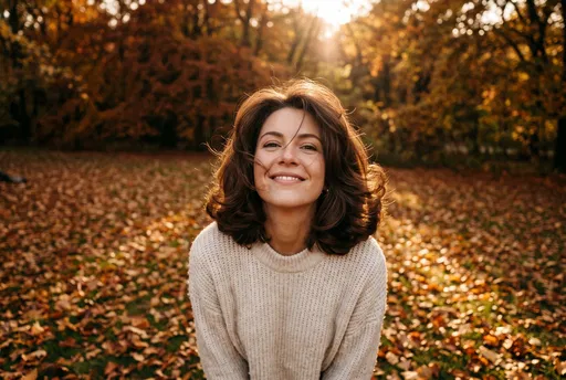 Woman With Voluminous Bob in Autumn Park
