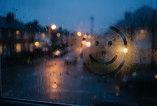 Smiley Face Drawn on Rainy Window