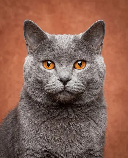 Chartreux Cat Studio Portrait on Terracotta