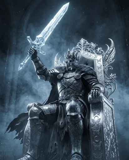 Armored King Holding Crystal Sword on Throne