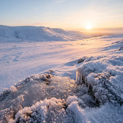 Golden Sunrise Over Snowy Tundra Landscape