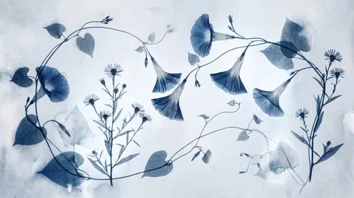 Cyanotype Morning Glory and Aster Illustration