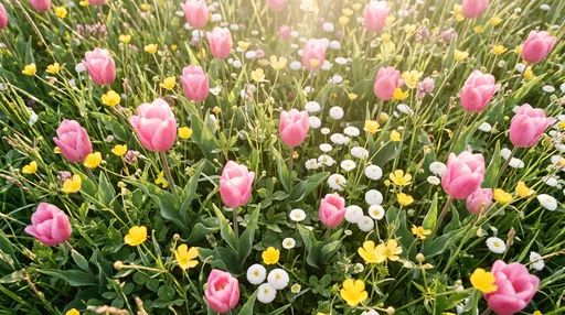 Sunlit Spring Meadow with Pink Tulips
