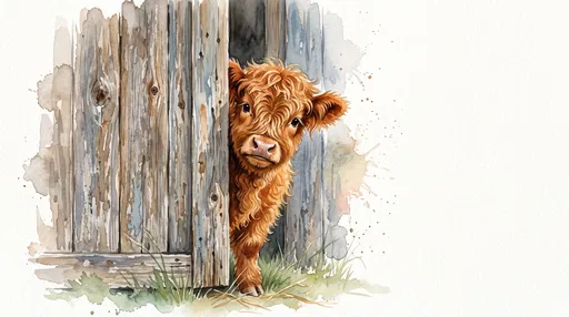 Watercolor Highland Calf Peeking Behind Barn Door
