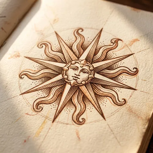 Vintage Celestial Sun Sketch on Parchment