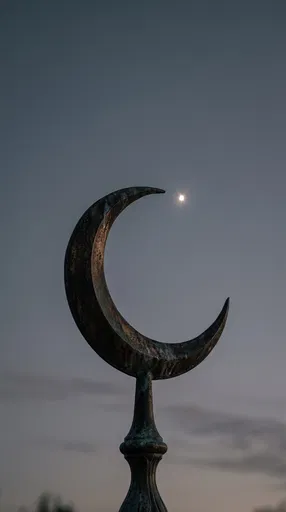 Bronze Crescent Finial Against Twilight Sky