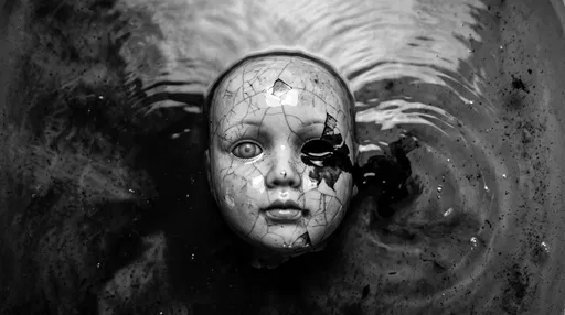 Cracked Porcelain Doll Head in Dark Water