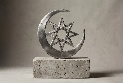 Pewter Crescent and Star on Concrete Block