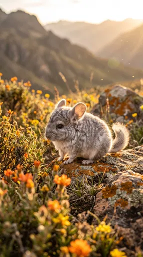 Baby Chinchilla on Mountain Rock at Sunset