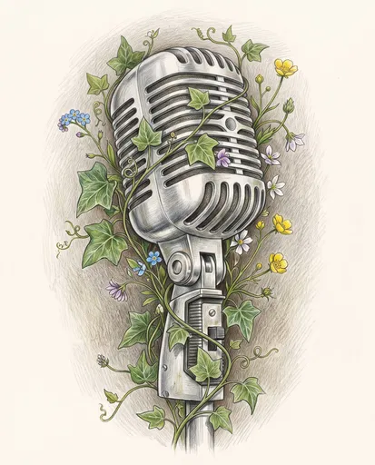 Vintage Microphone Entwined With Ivy Drawing