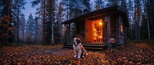 Saint Bernard Puppy Outside Cozy Forest Cabin